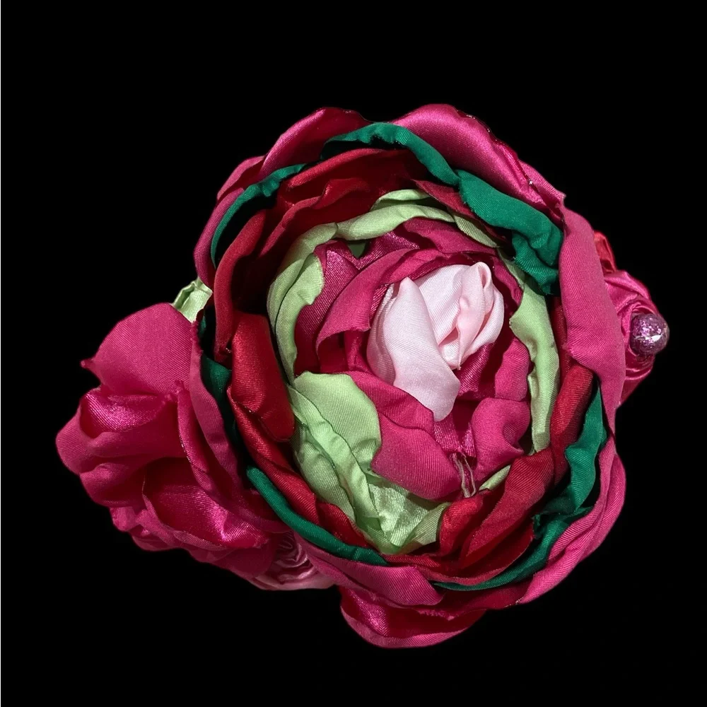 Oversized satin hair bow flower headband satin feather pearl & lace pink green